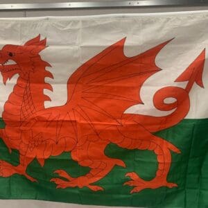 A red and white flag with a dragon on it.