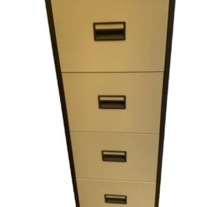 A filing cabinet with four drawers and one bottom drawer.