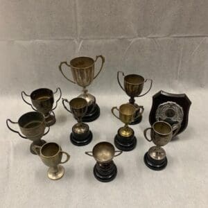 A group of small trophies sitting on top of a table.