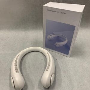 A white headphones sitting next to a box.