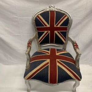 A chair with a british flag on it