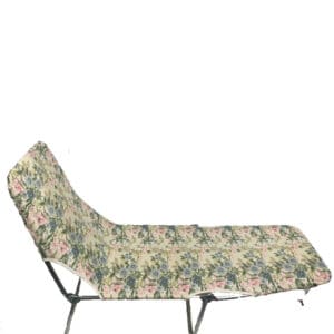 A folding chair with a floral pattern on it.