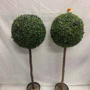 Two topiary trees with a bird on top of one.