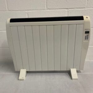 White electric panel heater with control panel.