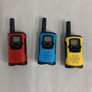 Three colorful walkie-talkies.