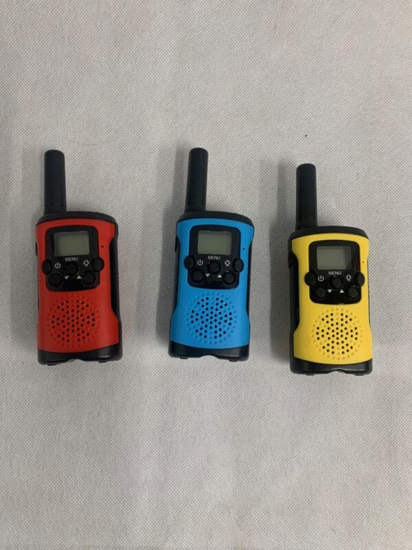 Three colorful walkie-talkies.