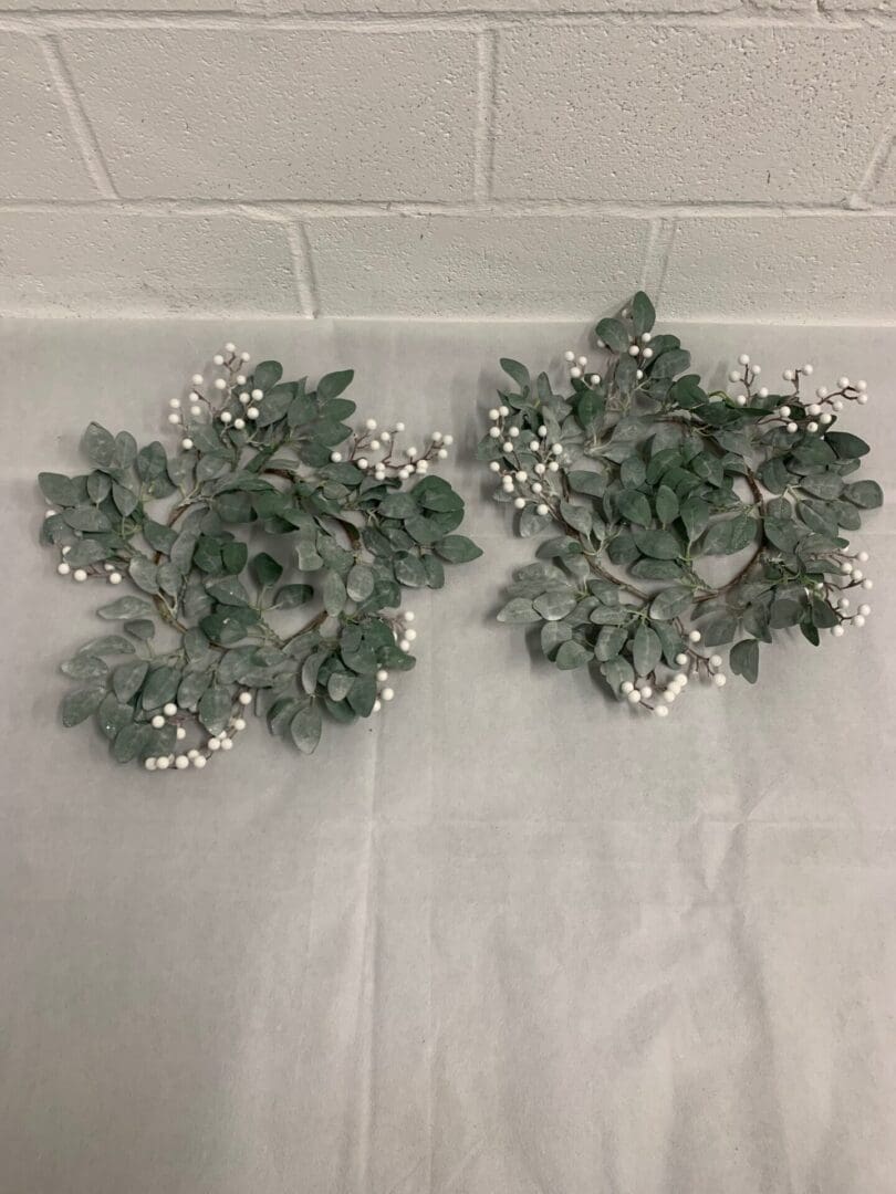 Two frosted greenery wreaths with berries.